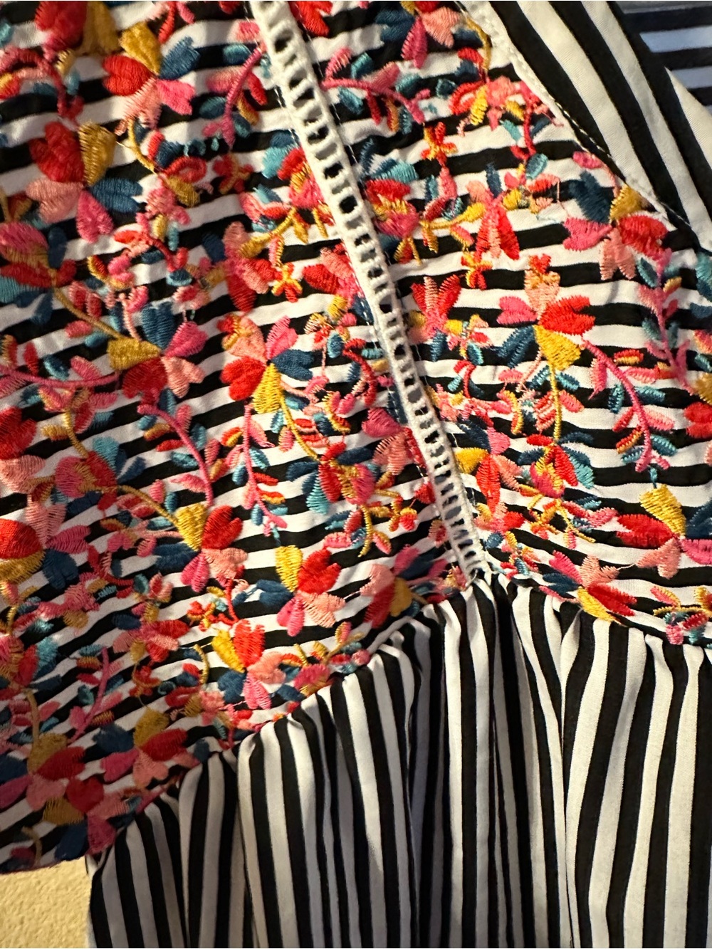 Savanna Jane Black & White Striped Top with Colorful Embroidered Yoke - Picture 3 of 4